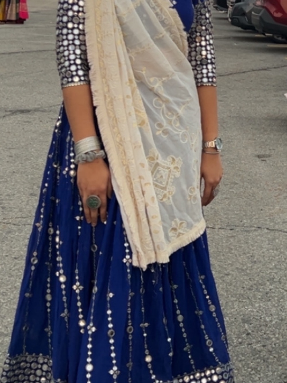 Royal Blue Sequin Maxi Skirt with Ivory Embroidered Dupatta